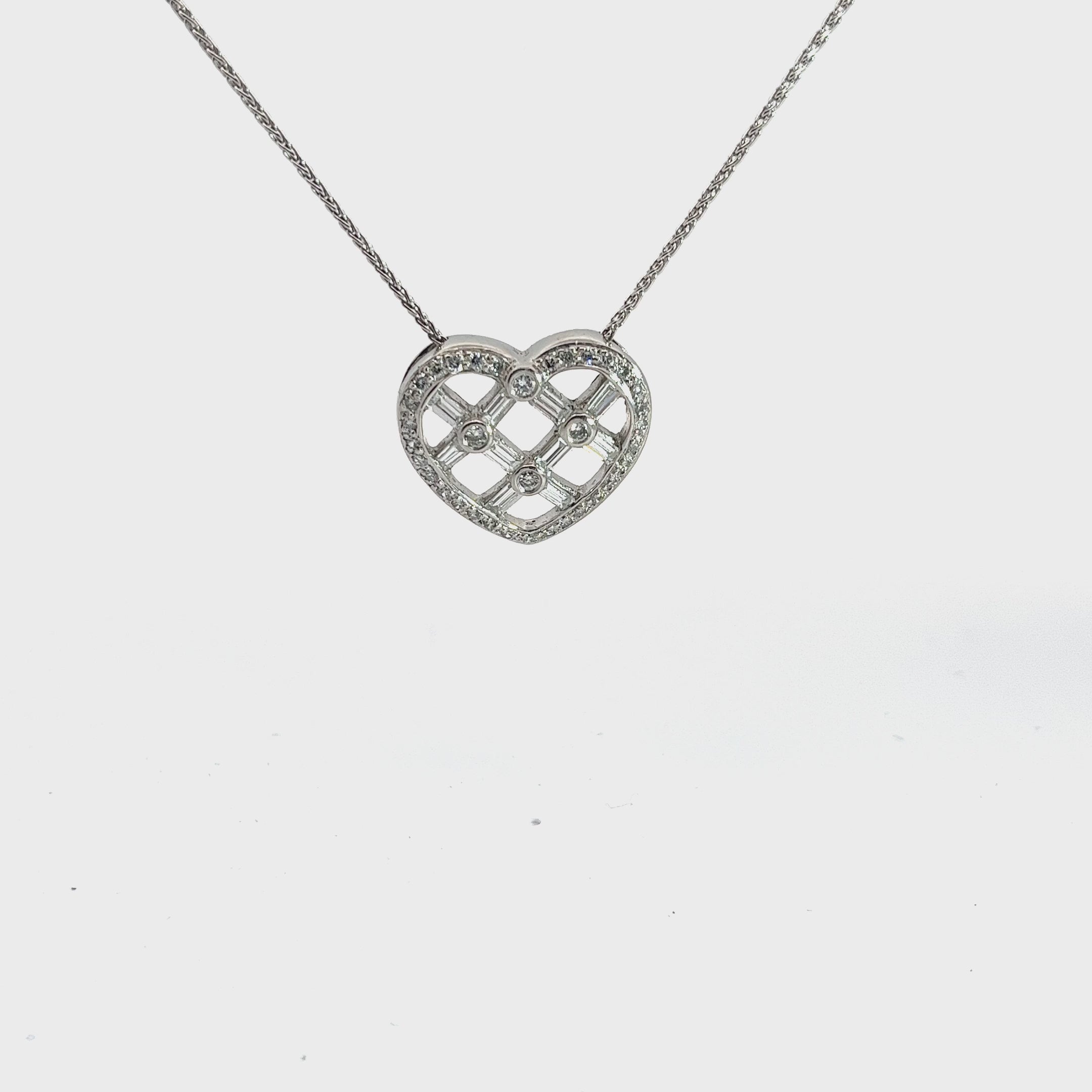 Platinum 1.13ct F VS2 Round and Baguette Diamond Heart Necklace