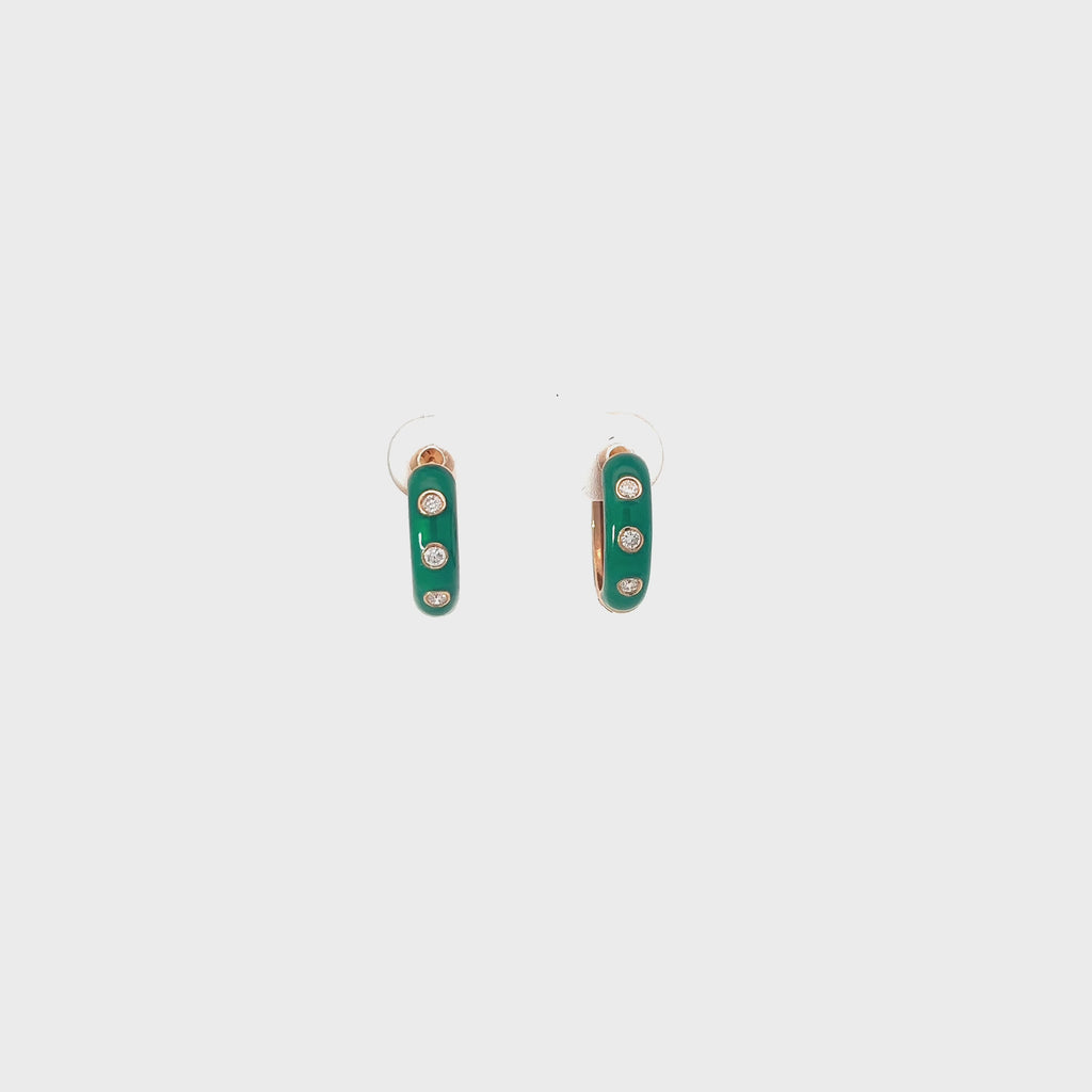 14k Yellow Gold 1.00ct G SI1 Round Diamond and Green Enamel Hoop Earrings.