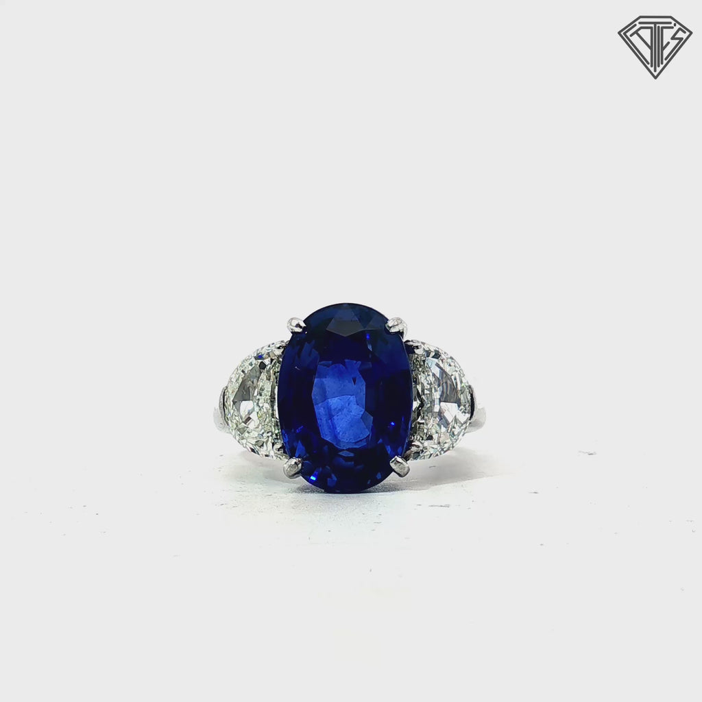 GIA #1232933955 10.12 Sapphire Sri Lanka Heat Set in platinum alongside 2 half moons appx. 2.1ct H-I Si1-Vs2
