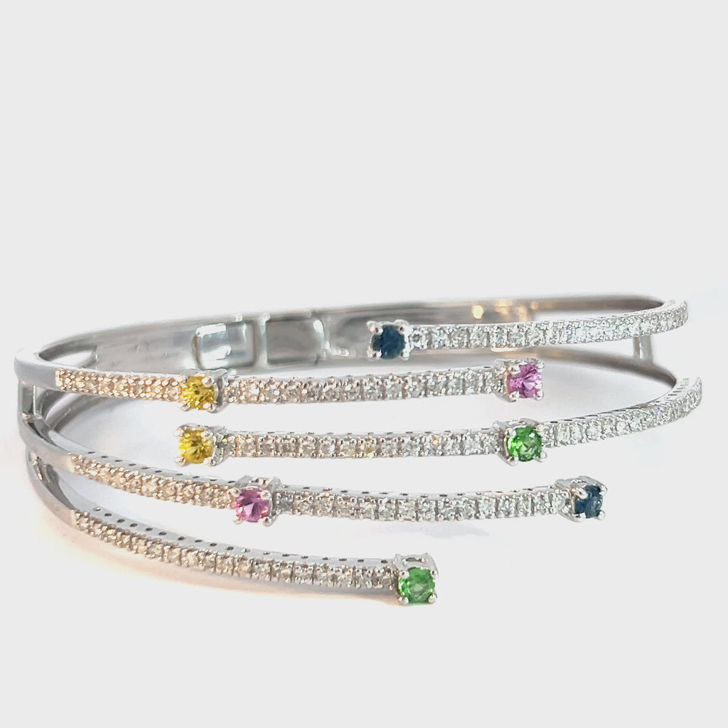 14k White Gold 1.50ct G SI1 Round Diamond /1.25ct Round Green, Pink, Yellow, Blue Multi Sapphire Diamond Cuff Shooting Stars