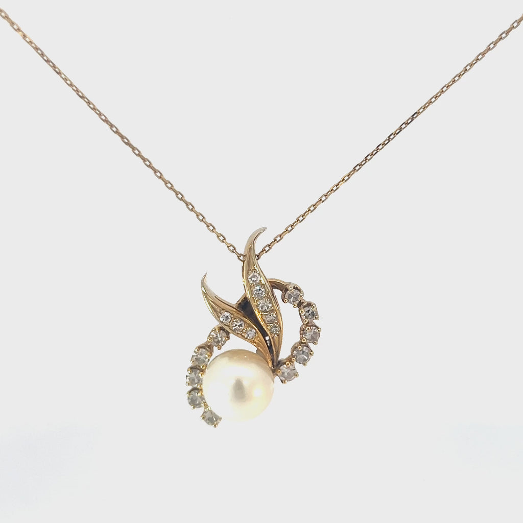 14k Yellow Gold .50ct F VS2 Round Diamond Natural Salt Water Pearl Vintage Pendant