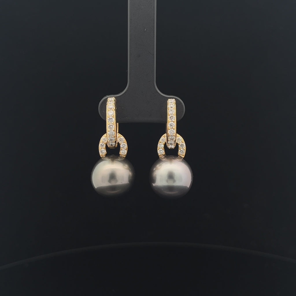 18k Yellow Gold 1.00ct F VS2 Round Diamond and Tahitian 13mm Pearl Earrings