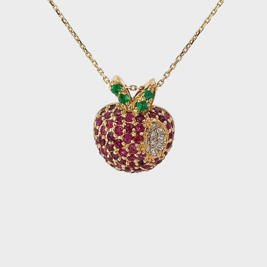 14k Yellow Gold 2.50ct Round Ruby, .10ct Round Emerald  and .07ct G VS2 Round Diamond  Apple Necklace