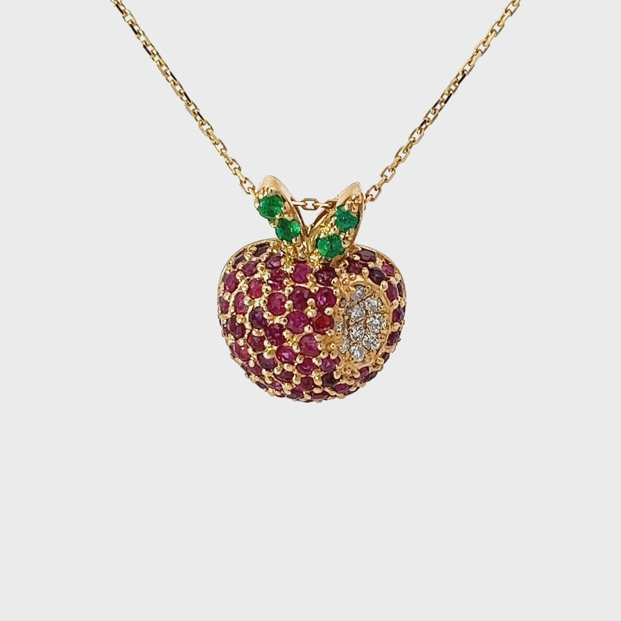 14k Yellow Gold 2.50ct Round Ruby, .10ct Round Emerald  and .07ct G VS2 Round Diamond  Apple Necklace
