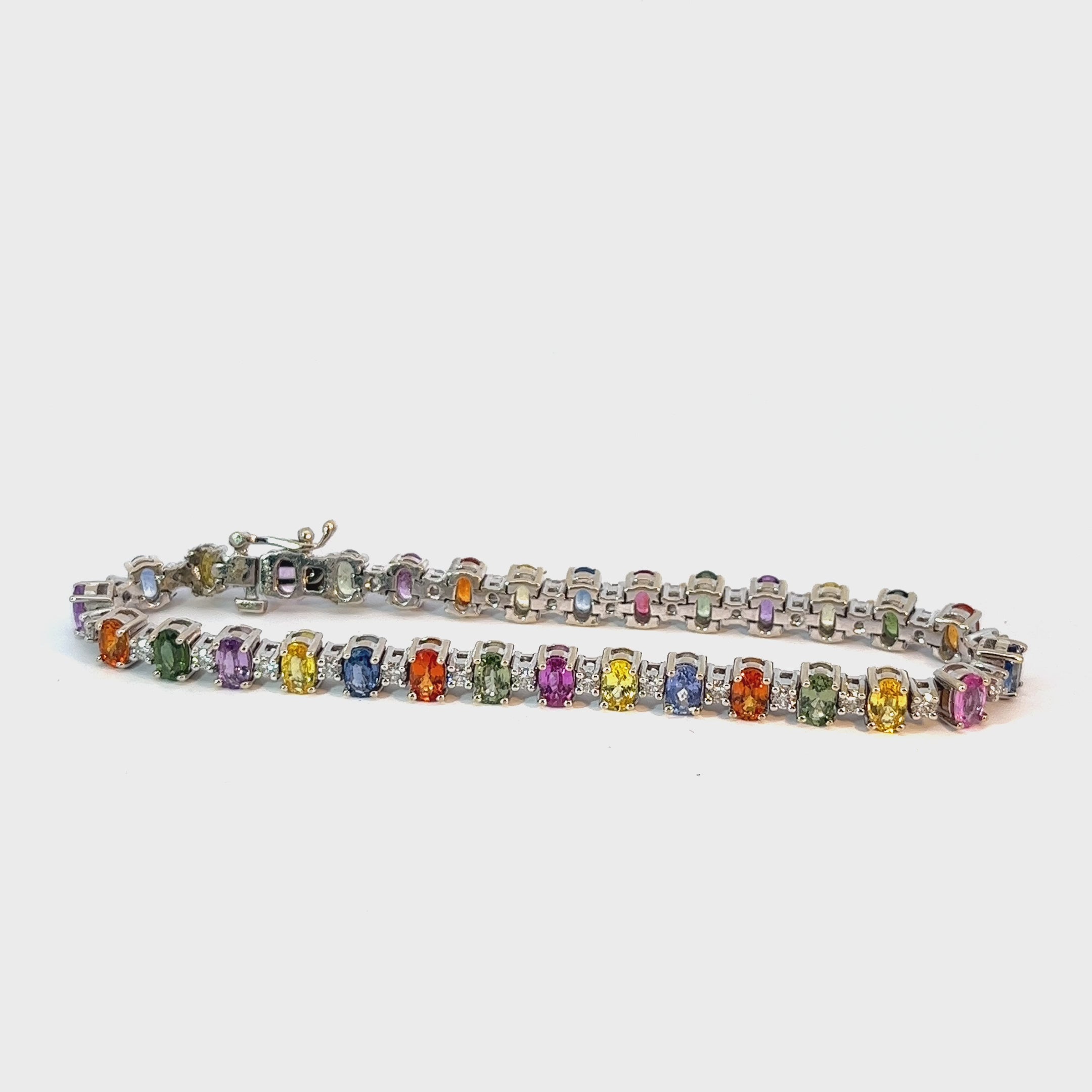 18k White Gold 10.95ct Round Multi Colored Blue, Yellow, Green , Pink, Orange  Sapphire total weight  and .68ct G SI1 Round Diamond Bracelet