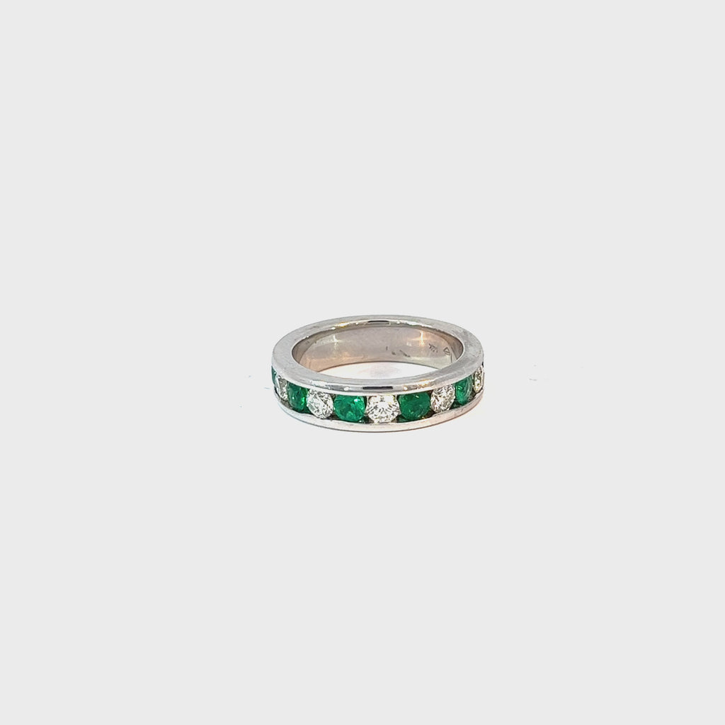14k White Gold 1.15ct Round Green Emerald and 1.00ct G VS2 Round Diamond Eternity Ring