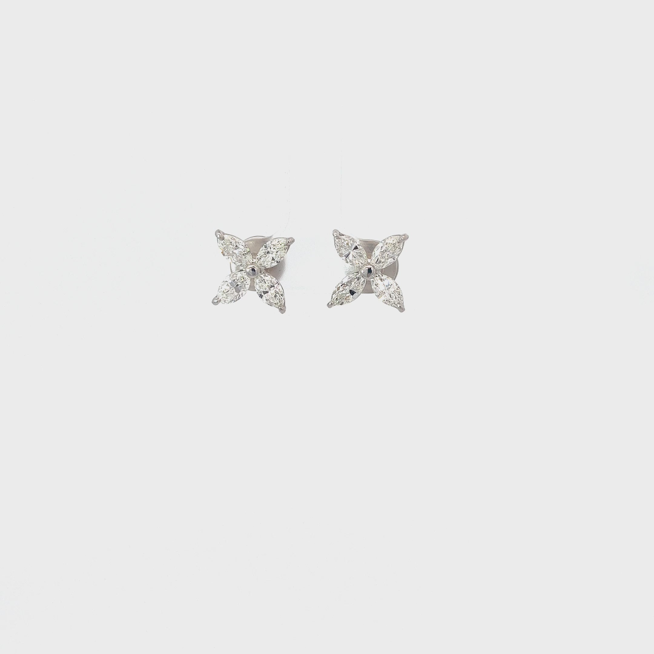 Ladies 18k White Gold Marquise Diamond Flower Earrings