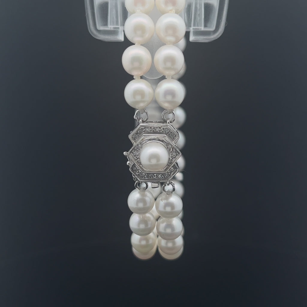 14k white gold double strand Fresh Water White Pearl 7mm and .25ct G SI1 Round Diamond bracelet