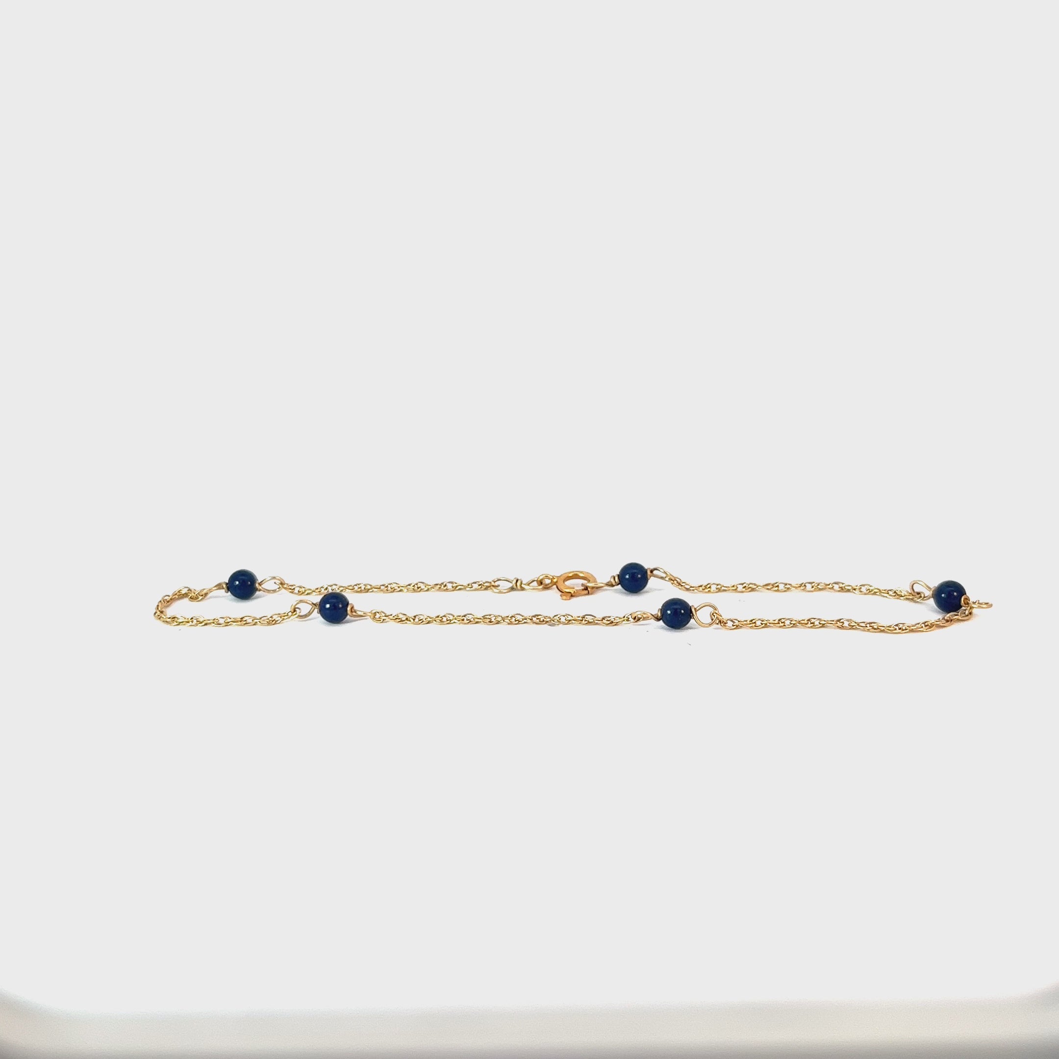 14K YELLOW GOLD 5 LAPIS BEAD THIN BRACELET 6.5 INCH