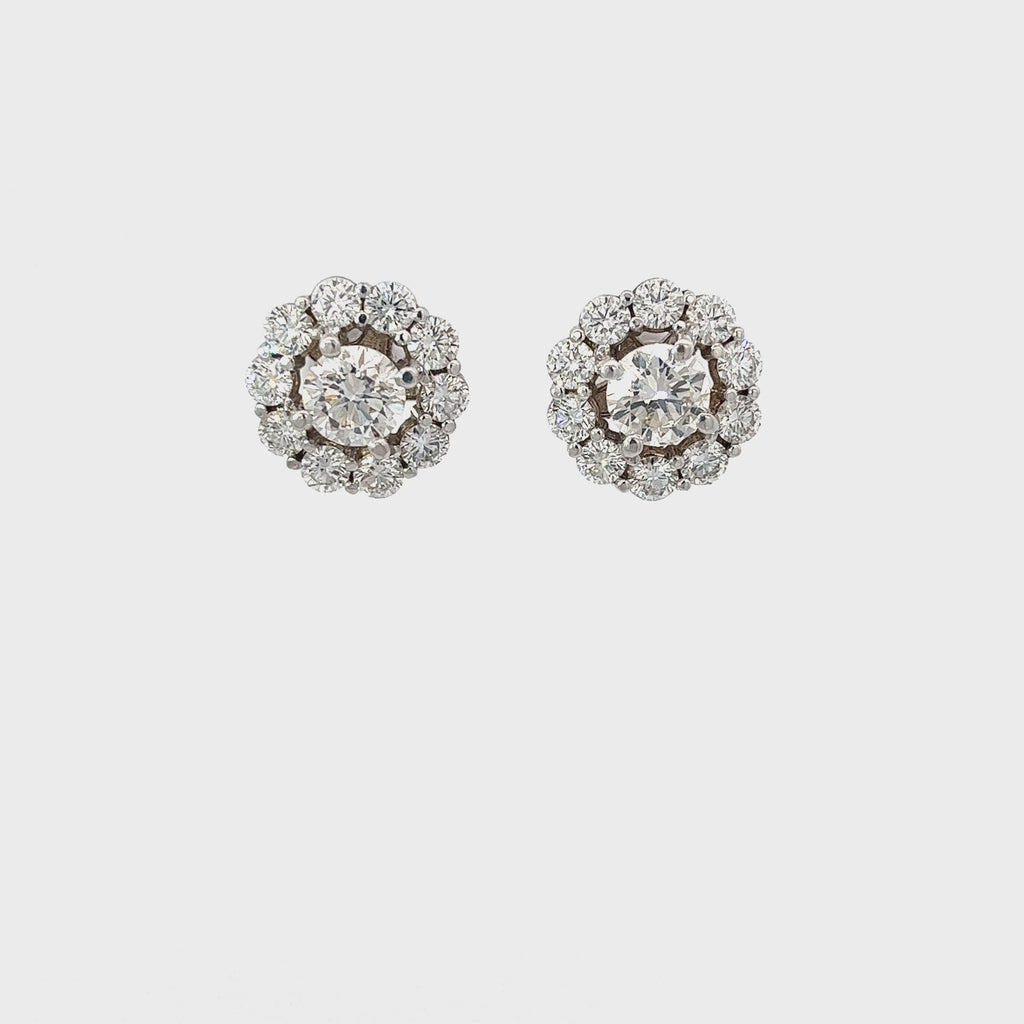 14k White Gold 1.65ct J VS2 Round Diamond with 2.00ct F VS2 Round Diamond Halo Stud Earrings