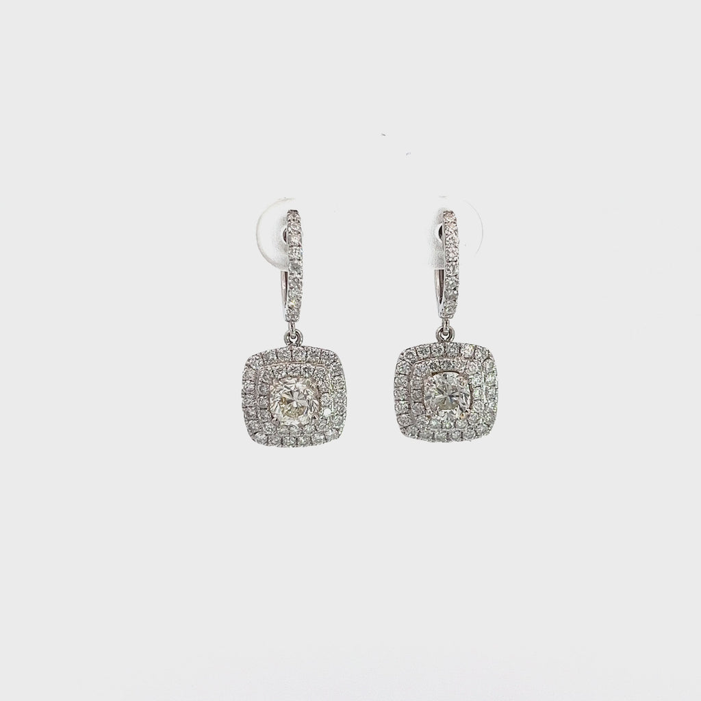 18k White Gold 1.43ct Round Center Diamond and 1.50ct G VS2 Round Pave Drop Earrings