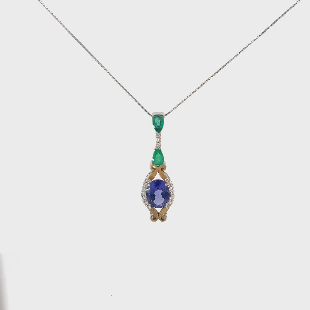 14k White Gold 3.00ct Oval AAA Tanzanite, .35ct Pear Shape Emerald and .25ct G SI1 Round Diamond Necklace