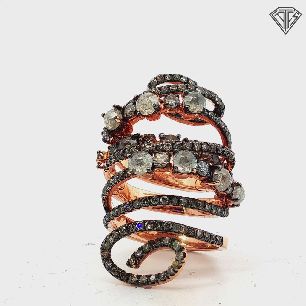 18k Rose Gold 3.00ct Round champagne Rough Diamond/ 1.50ct Round Chocolate Diamond Flexible Knuckle Finger Ring 20 gram Size 7. 5