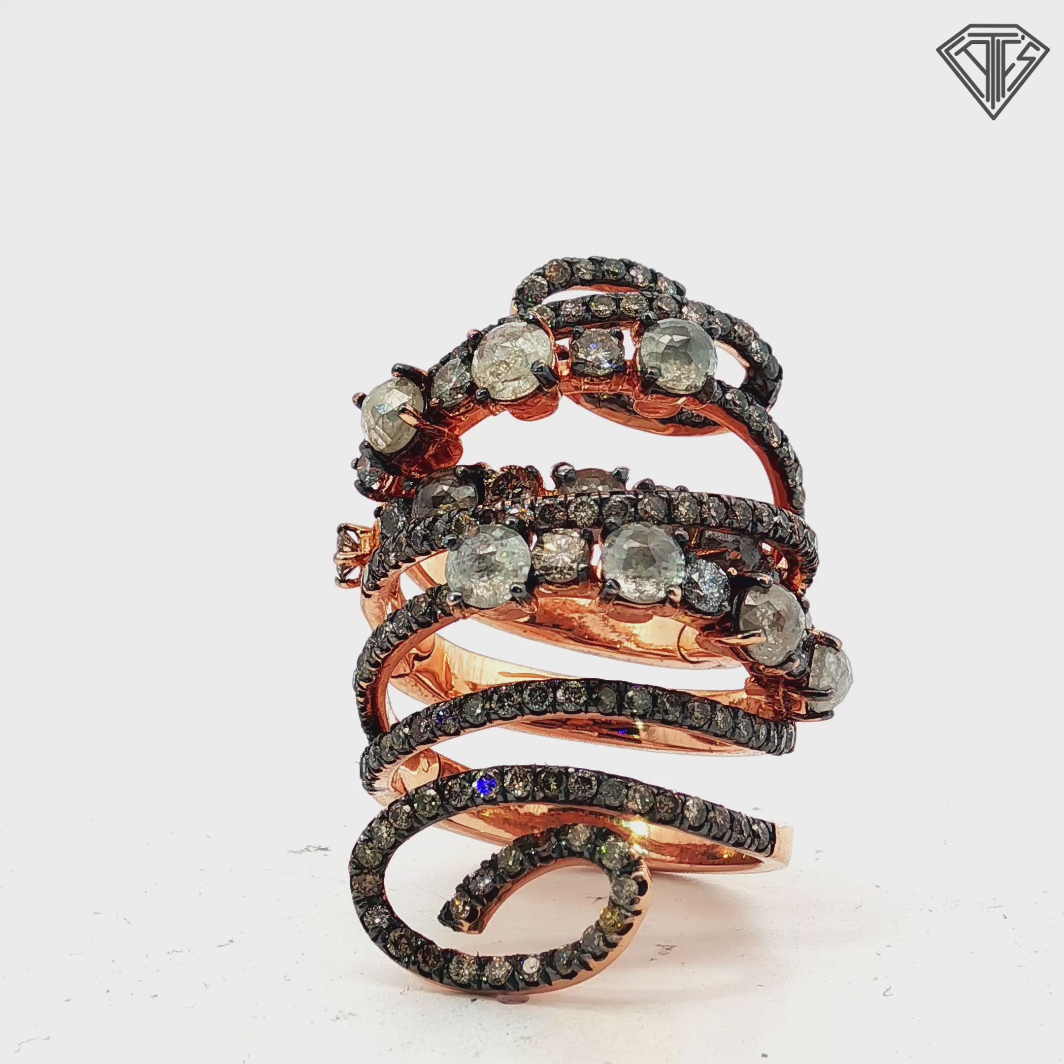 18k Rose Gold 3.00ct Round champagne Rough Diamond/ 1.50ct Round Chocolate Diamond Flexible Knuckle Finger Ring 20 gram Size 7. 5