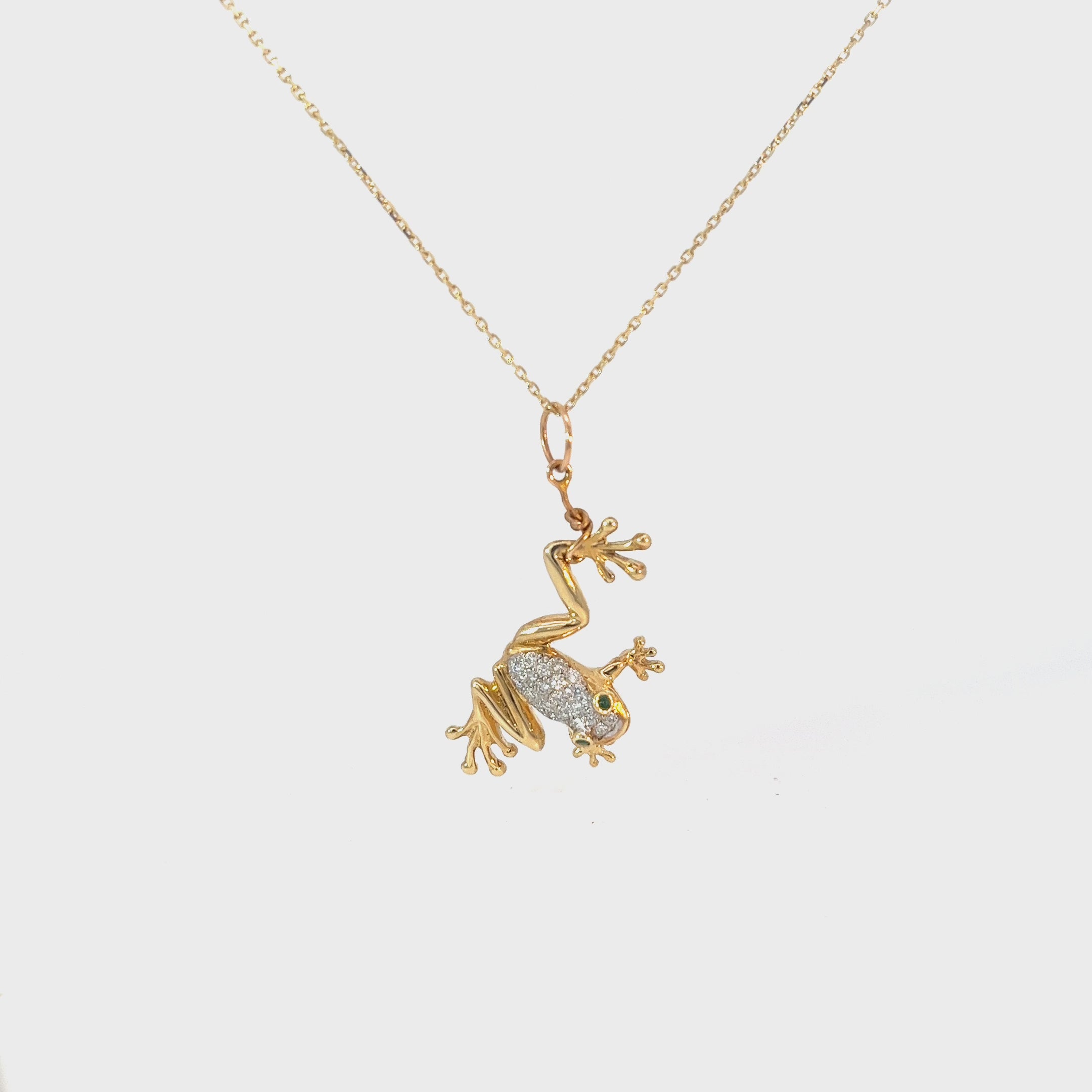 18k Yellow Gold .25ct E VS2 Round Diamond Frog Necklace with Round Emerald Eyes