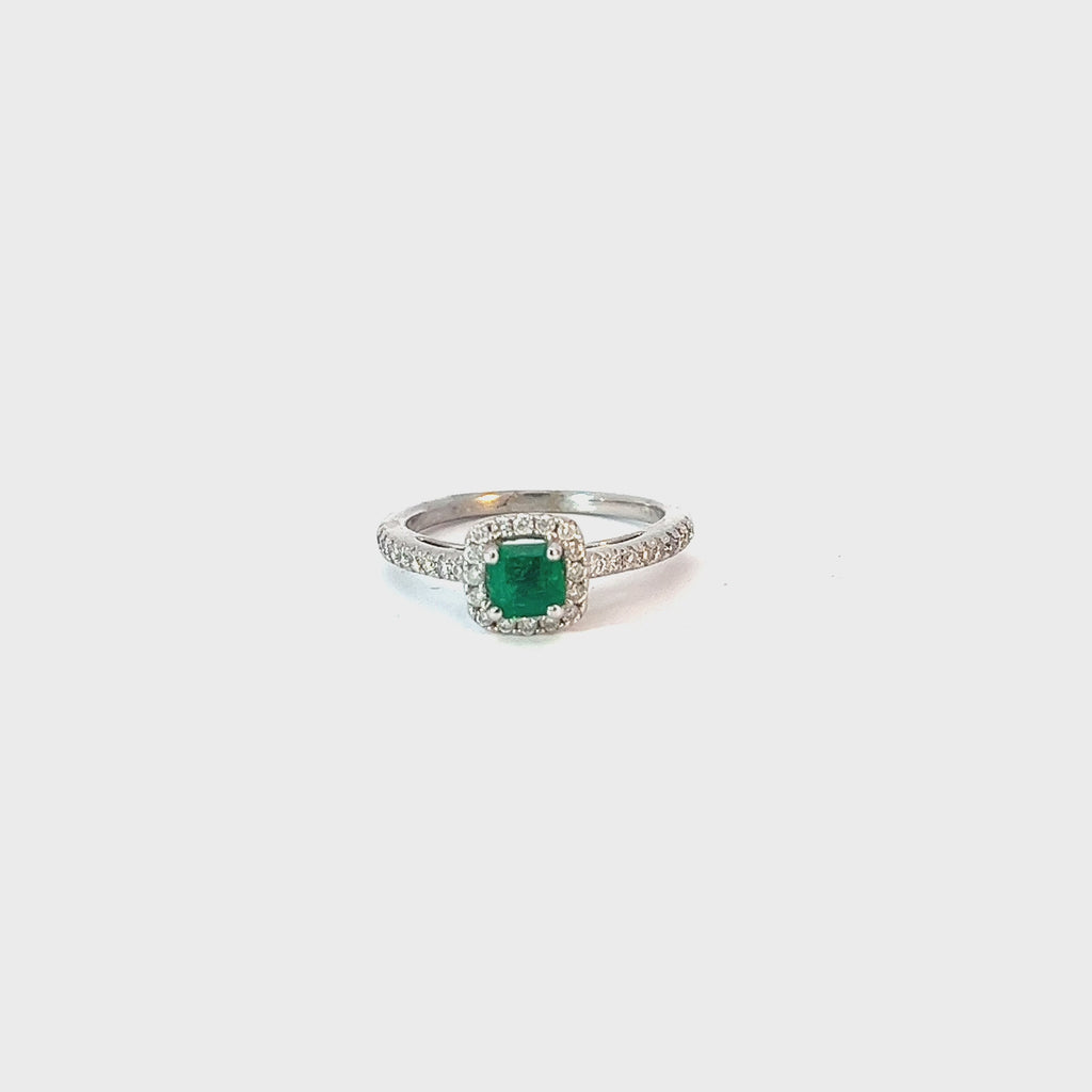 14k White Gold .55ct Cushion Colombian Emerald and .35ct G SI1 Round Diamond Ring
