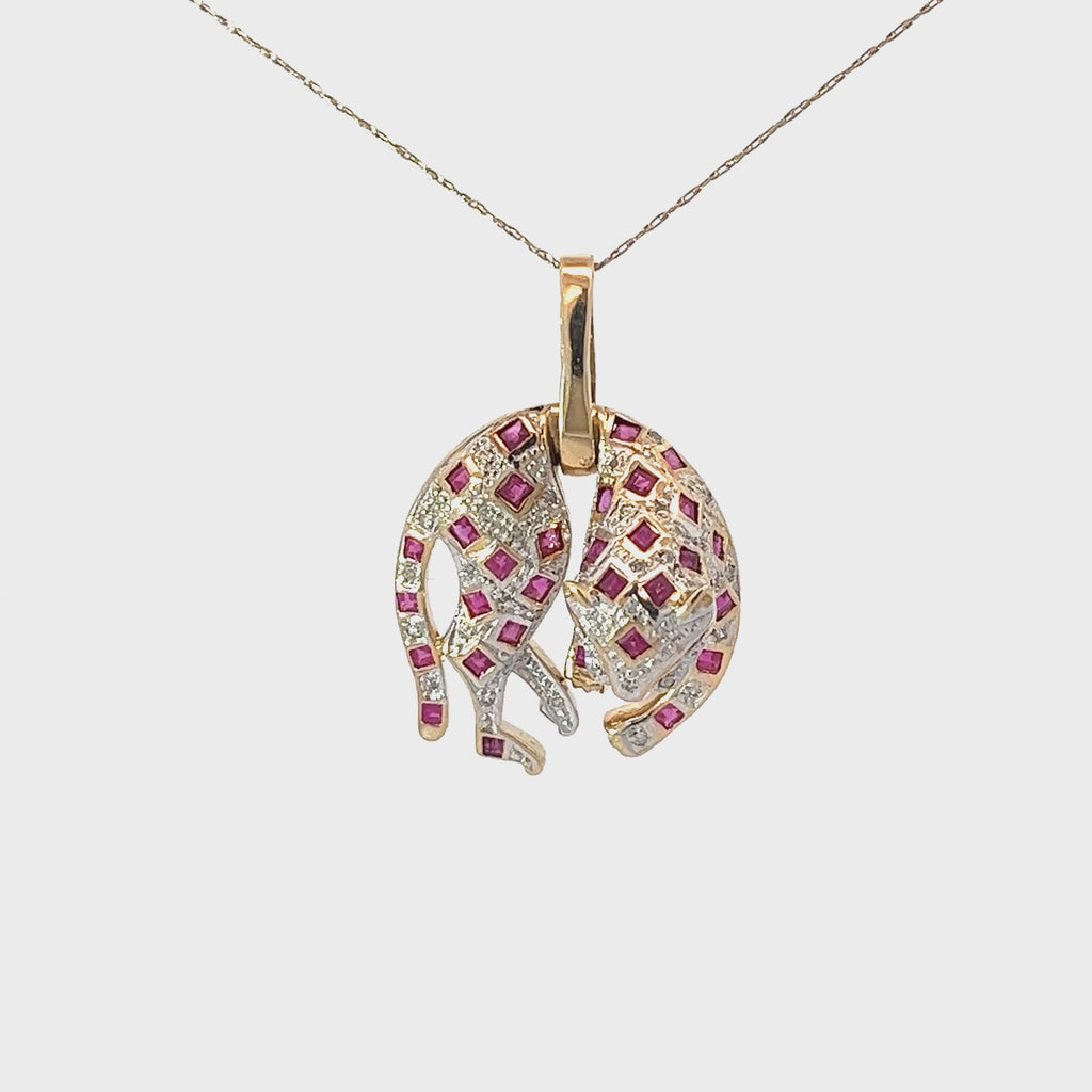 14k Yellow Gold .75ct Princess Cut Ruby and .25ct G SI1 Round Diamond Panther Necklace 6.7 gram