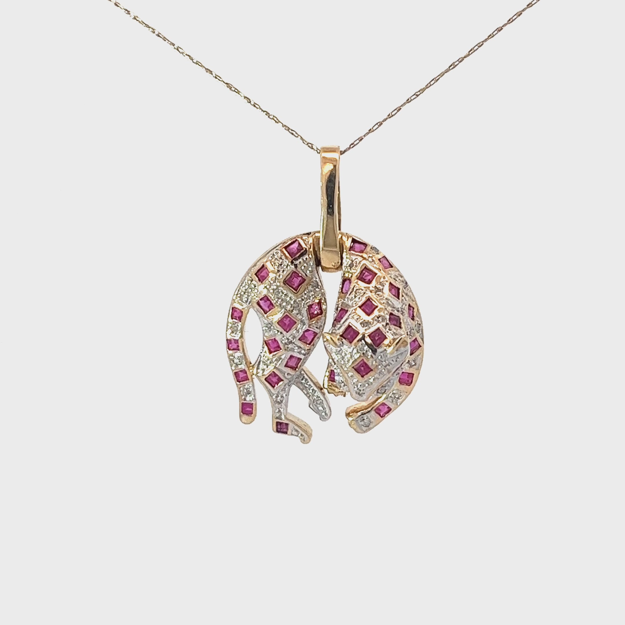 14k Yellow Gold .75ct Princess Cut Ruby and .25ct G SI1 Round Diamond Panther Necklace 6.7 gram