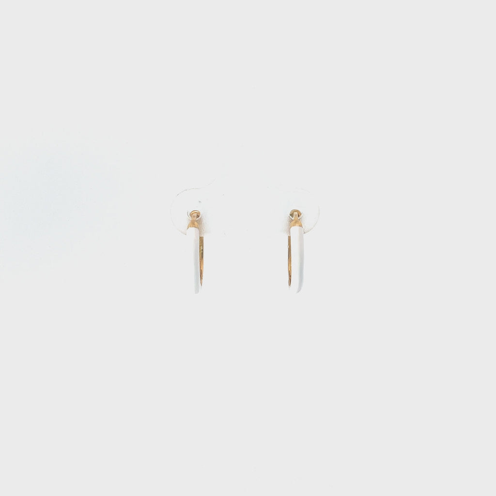 14k Yellow Gold White Enamel Hoop Earrings