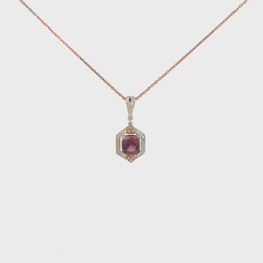 18k Rose Gold 1.60ct Pink Tourmaline and .25ct G VS2 Round Diamond Necklace