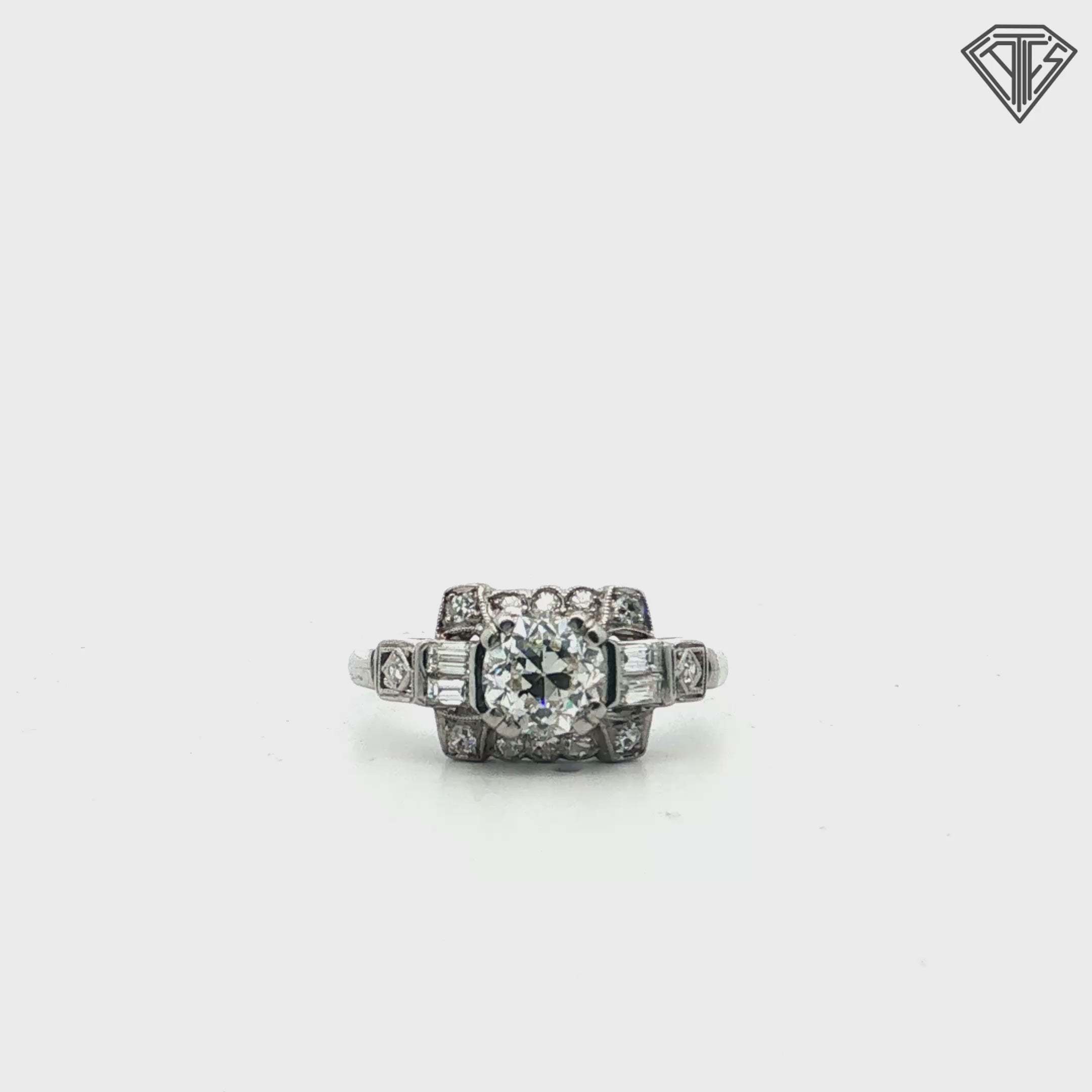 Platinum Art Deco .80ct G SI1 Round Old European Cut Center / .30ct G SI1 Emerald Cut Diamond Ring Size 7