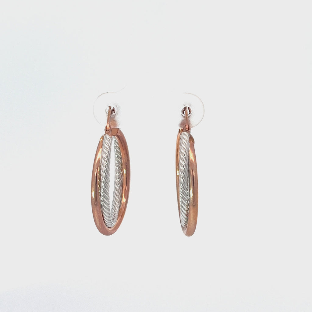 14k Rose and White Gold Twist Tube Hoop Earrings 2.8 gram
