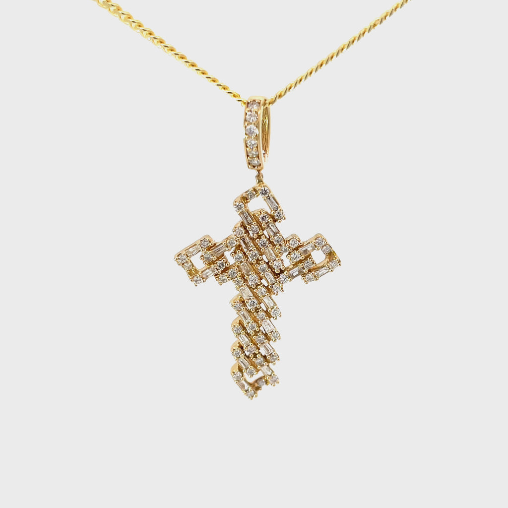 14K YELLOW GOLD 1.25CT GVS2 KELTIC BAGUETTE AND ROUND DIAMOND CROSS