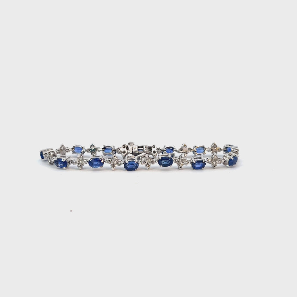 14K White Gold 2.00ct G SI1 Round  Diamond and 7.00ct Oval Blue Sapphire Bracelet