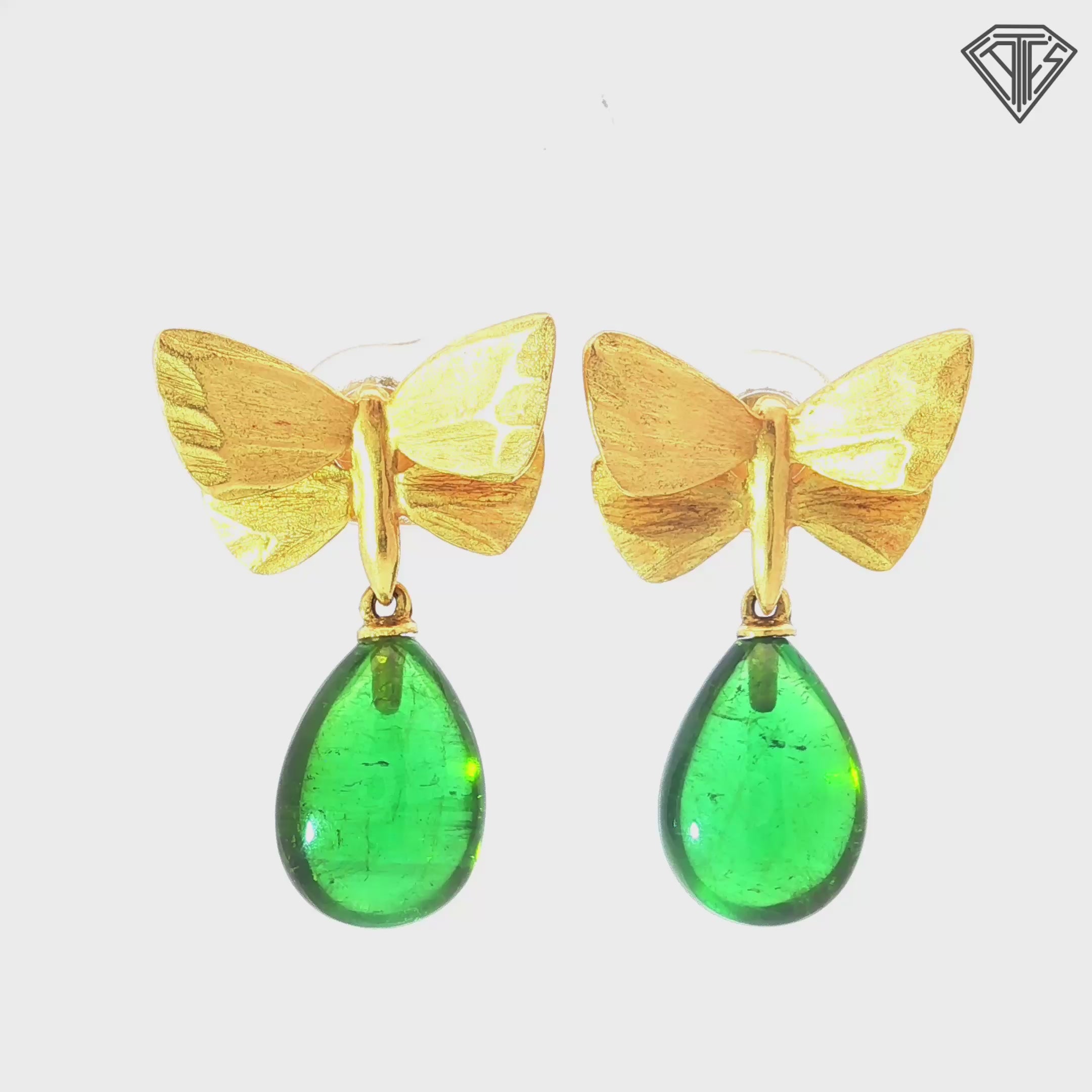 18k Yellow Gold Tear Drop Green Tourmaline Butterfly Earrings