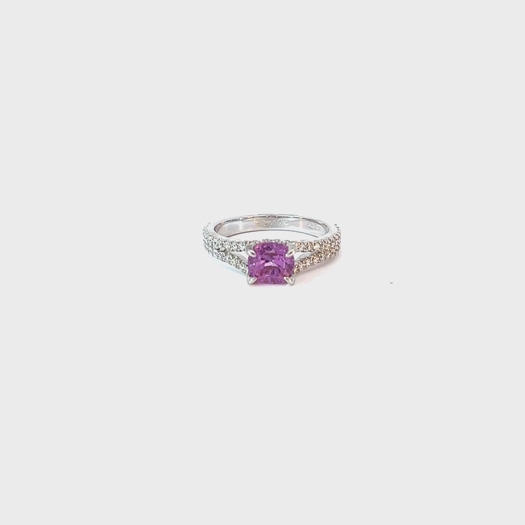 14k White Gold 1.70ct Cushion Pink Sapphire and .50ct F VS2 Round Diamond Ring Certified by GIA# 1182593838