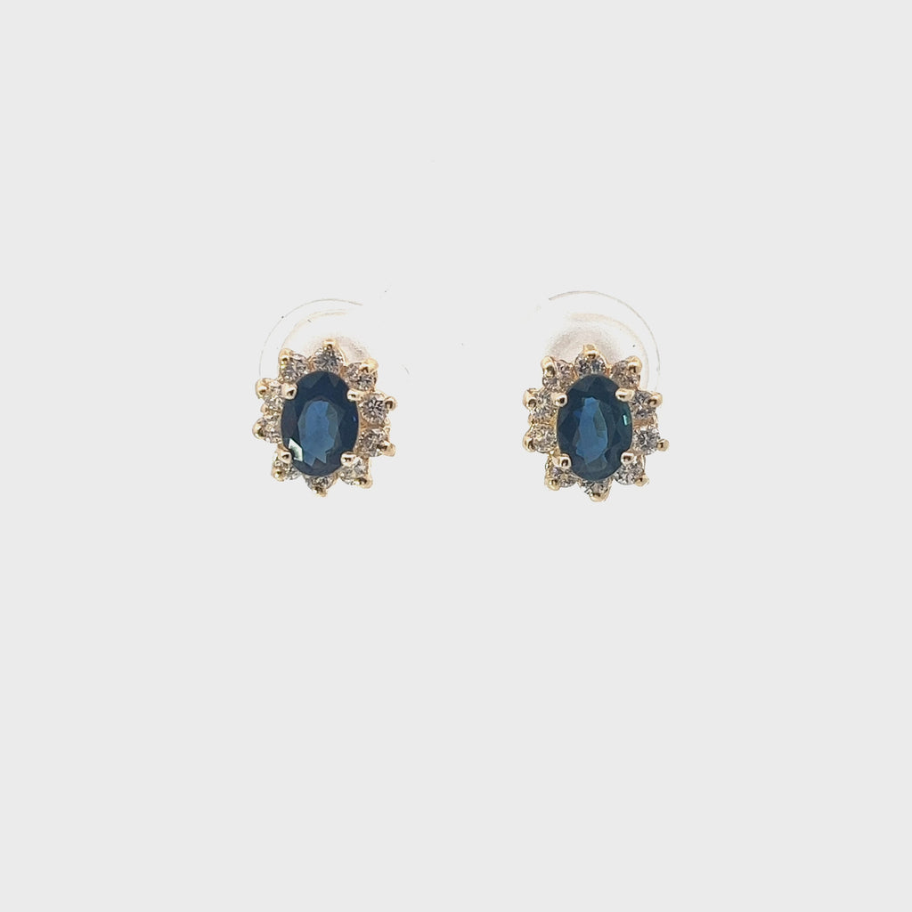 14k Yellow Gold 1.00ct Oval Blue Sapphire / .35ct G VS2 Round Diamond Earrings