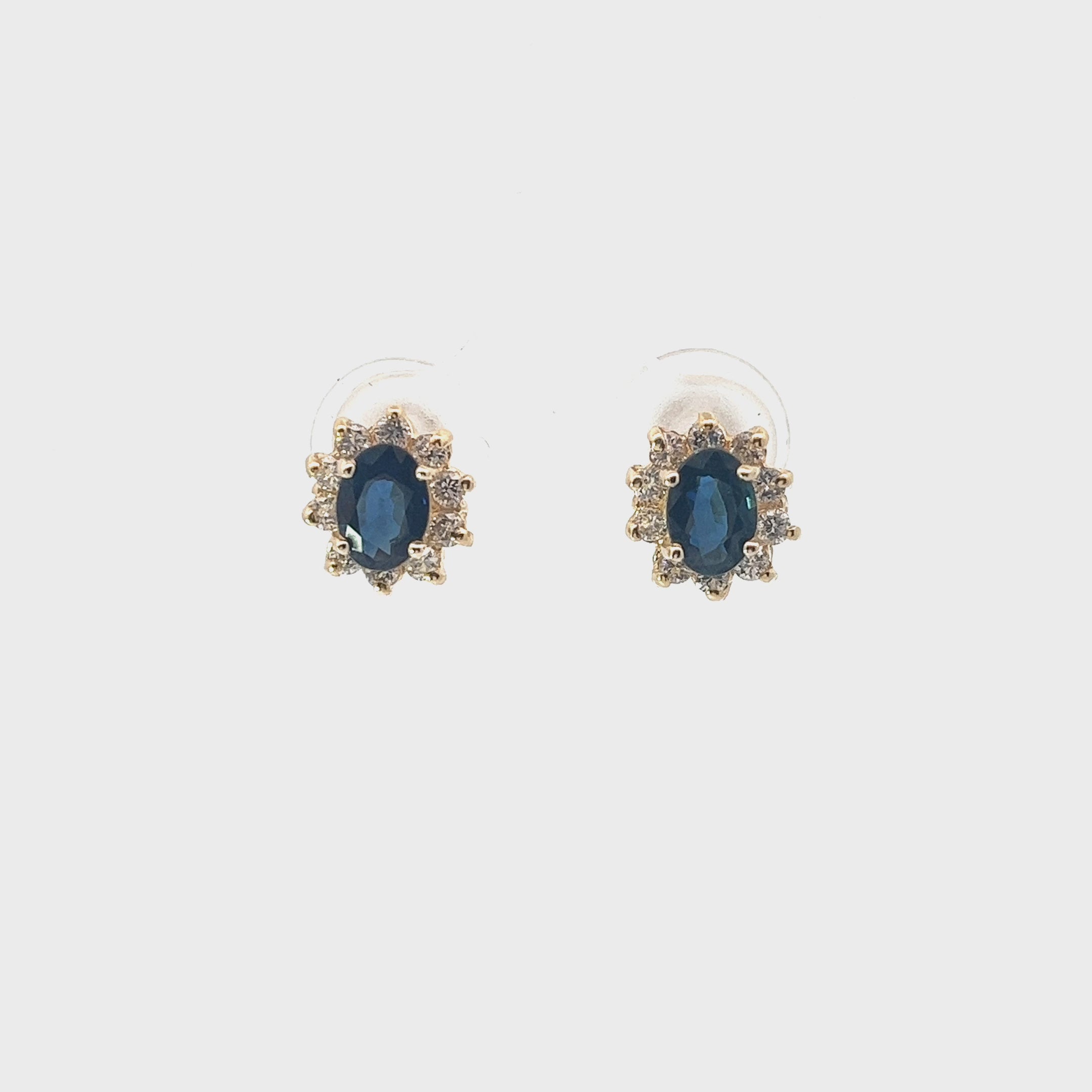 14k Yellow Gold 1.00ct Oval Blue Sapphire / .35ct G VS2 Round Diamond Earrings