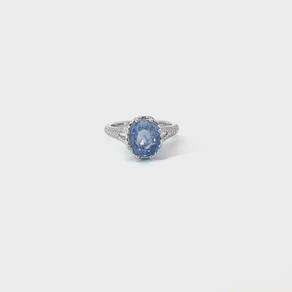 18k White Gold 4.14ct Cushion Blue Sapphire No Heat and .65ct Round Diamond Ring Certified By GIA #2235097997