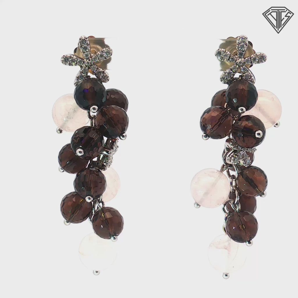 18k White Gold .50ct G VS2 Round Diamond /Rose Quart and Smoky Quartz Flower Baquet Drop Earrings