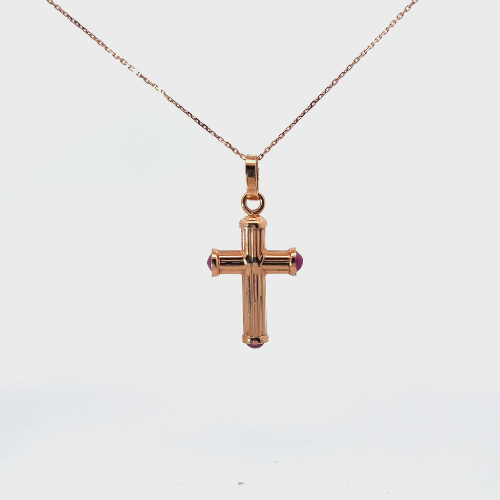14k Rose Gold Cabochon Cut  Ruby Cross Necklace