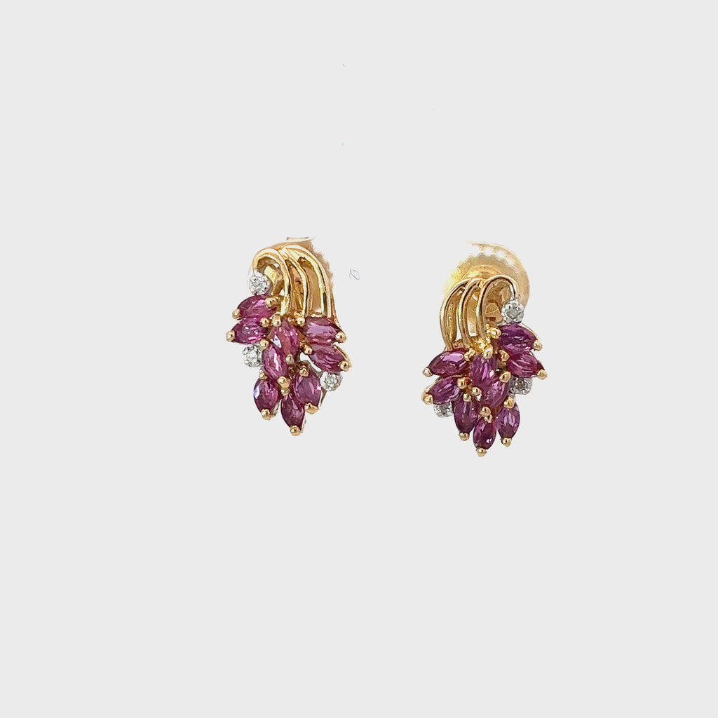 14k Yellow Gold 1.50 Ruby and Round Diamond Vintage Earrings
