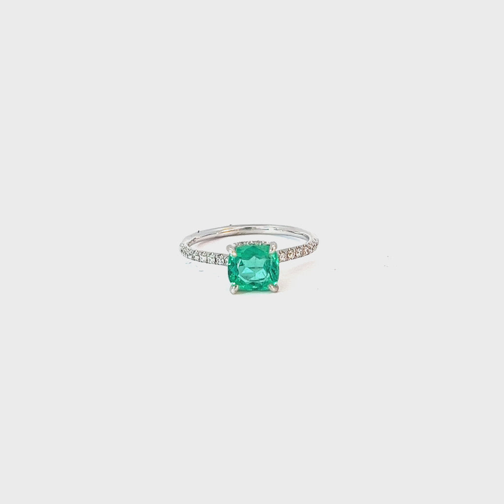 18k White Gold 1.05ct Cushion Colombia Emerald and .24ct F VS2 Round Diamond Ring Certified By GIA # 5181462640