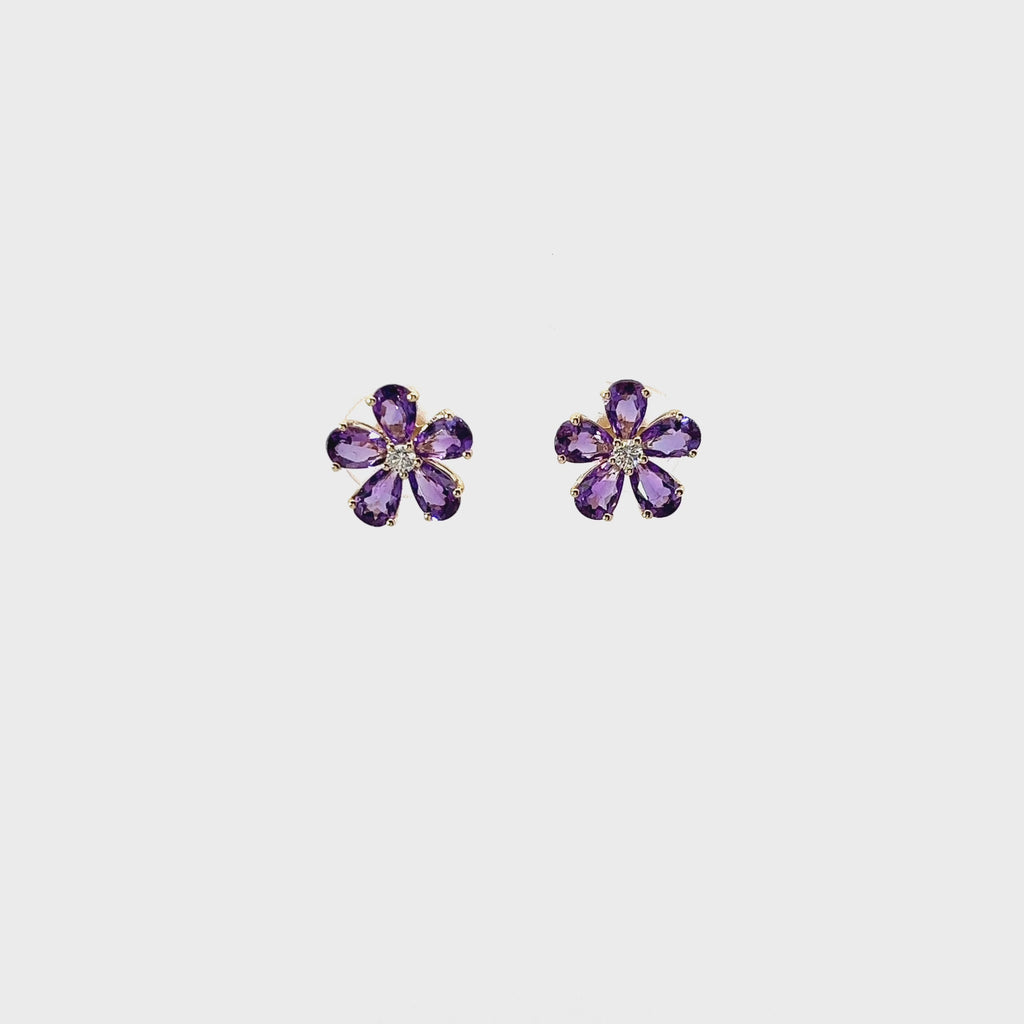 14K YELLOW GOLD  1.61 CT AMETHYST AND .07CT ROUND DIAMOND FLOWER STUD EARRINGS
