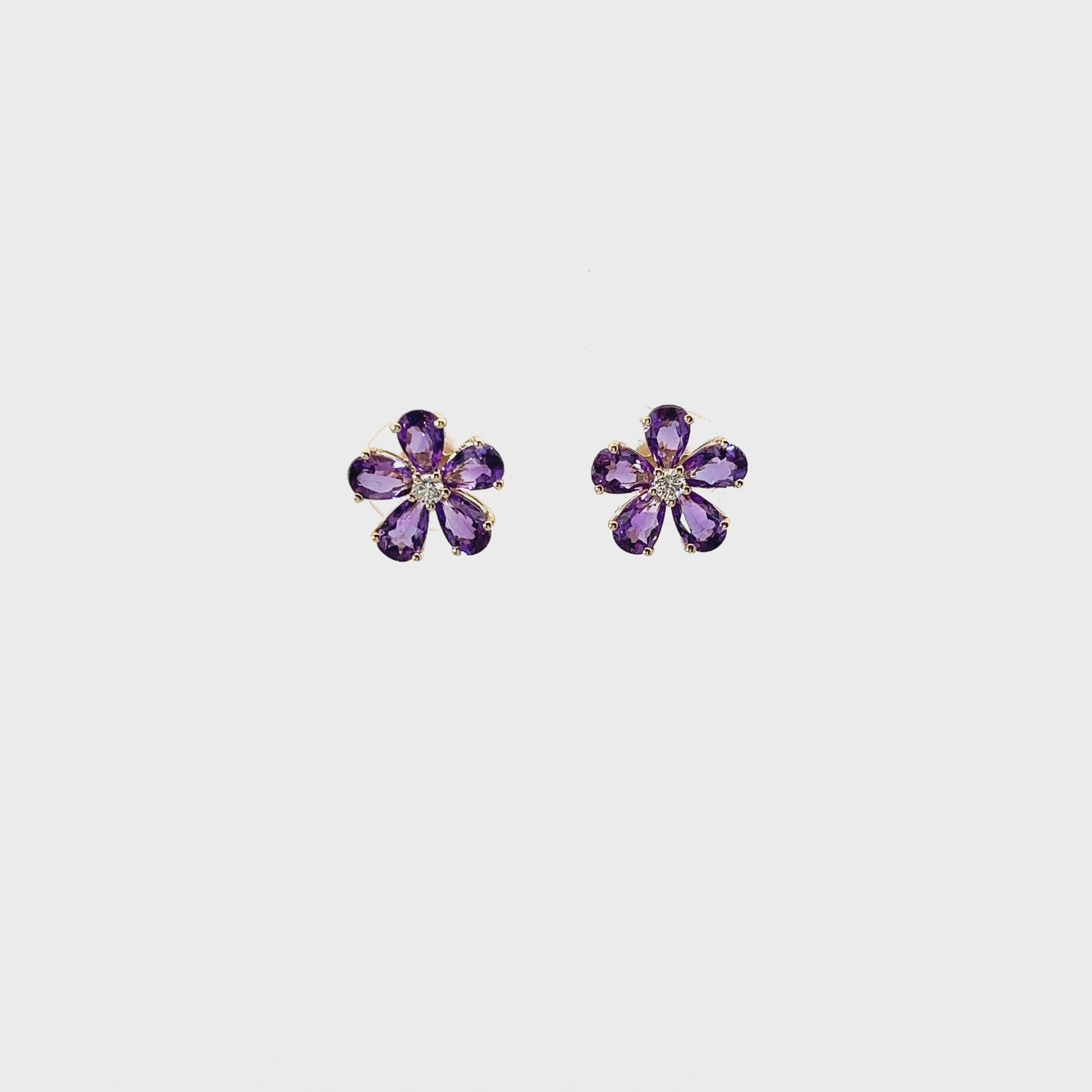 14K YELLOW GOLD  1.61 CT AMETHYST AND .07CT ROUND DIAMOND FLOWER STUD EARRINGS