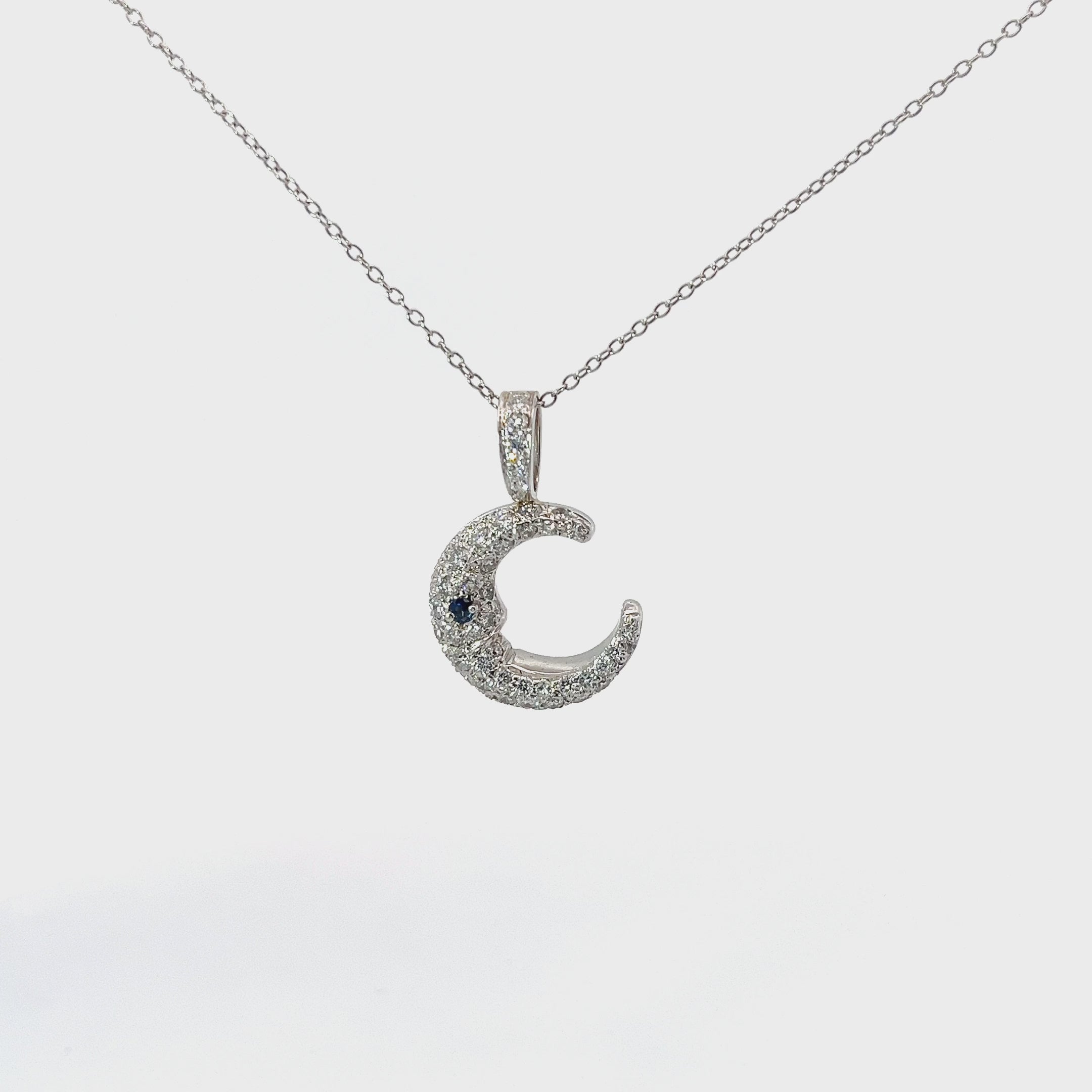 18k White Gold 1.00ct G SI1 Round Diamond and .05ct Round Blue Sapphire Moon Necklace