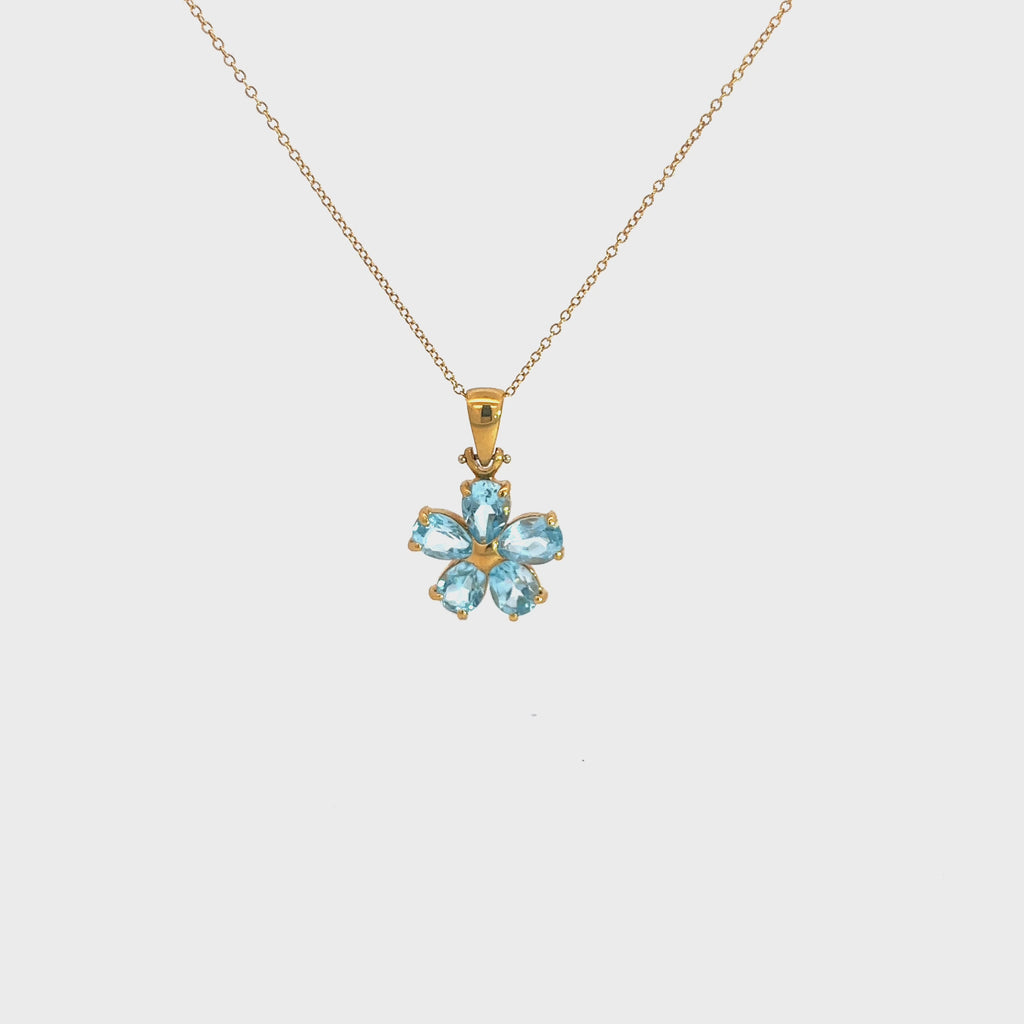 18k Yellow Gold Pear Shape Criso Blue Topaz Flower Necklace