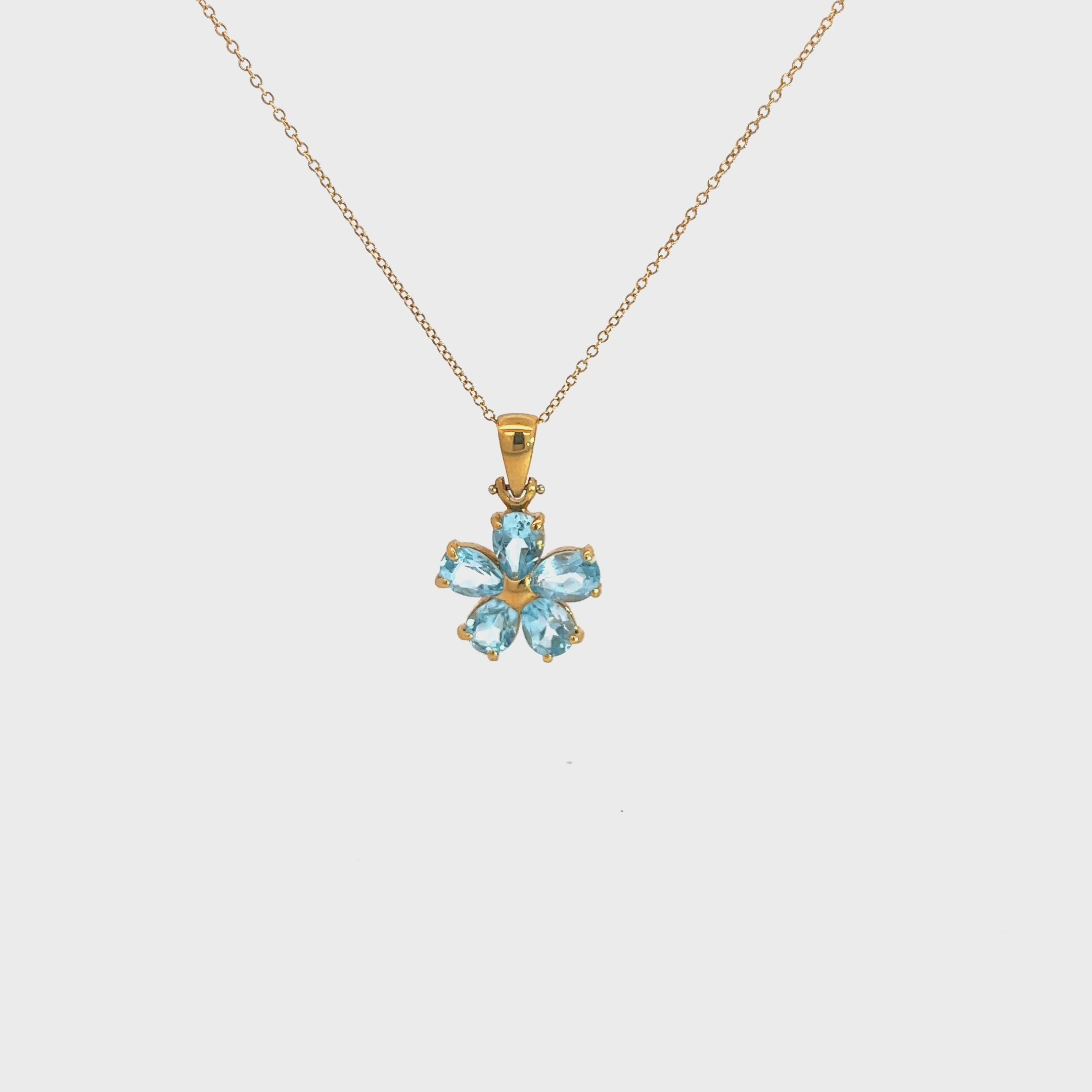 18k Yellow Gold Pear Shape Criso Blue Topaz Flower Necklace