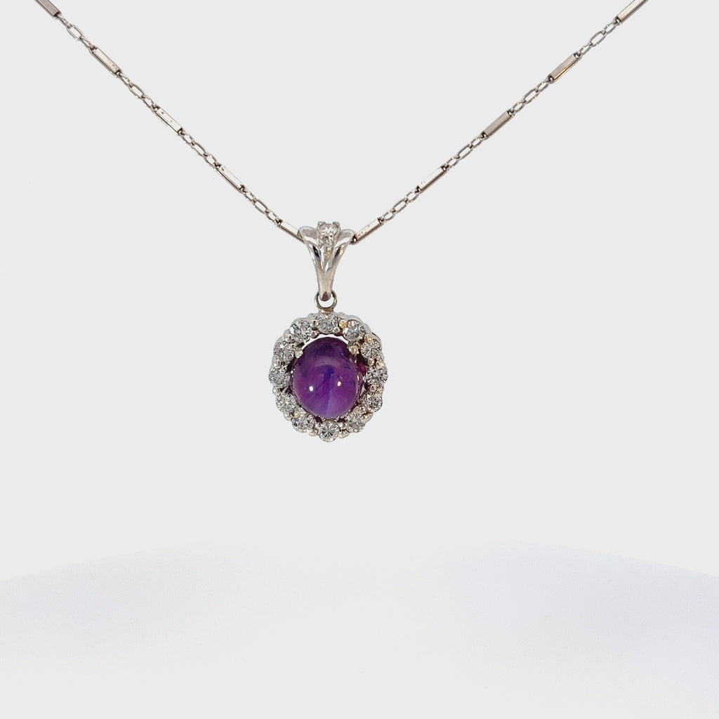 18k White Gold Vintage 7.90ct Double Cabochon Pinkish Purple Natural Star Sapphire/ .85ct H SI1 Round Diamond Certified by GIA #2235106127