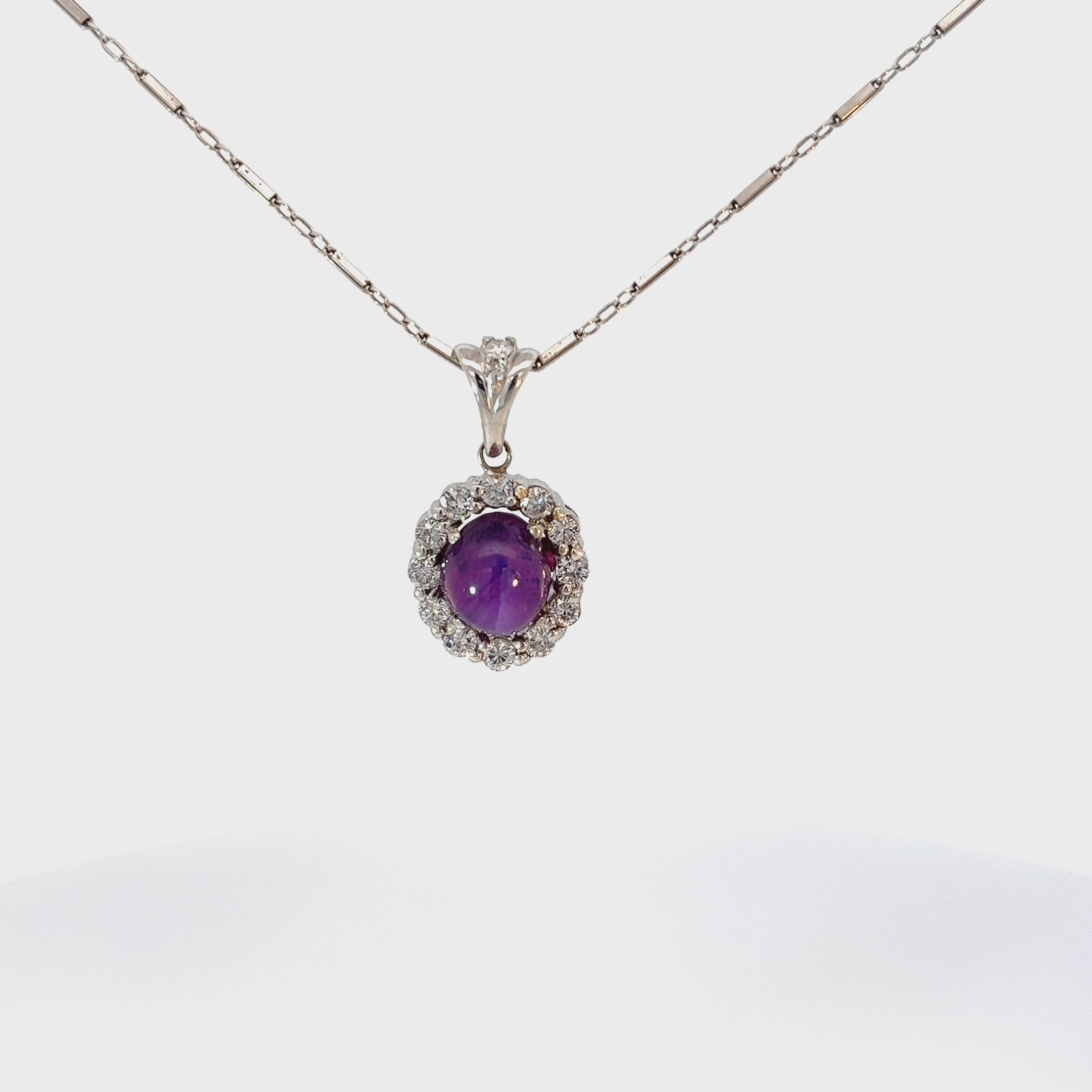 18k White Gold Vintage 7.90ct Double Cabochon Pinkish Purple Natural Star Sapphire/ .85ct H SI1 Round Diamond Certified by GIA #2235106127