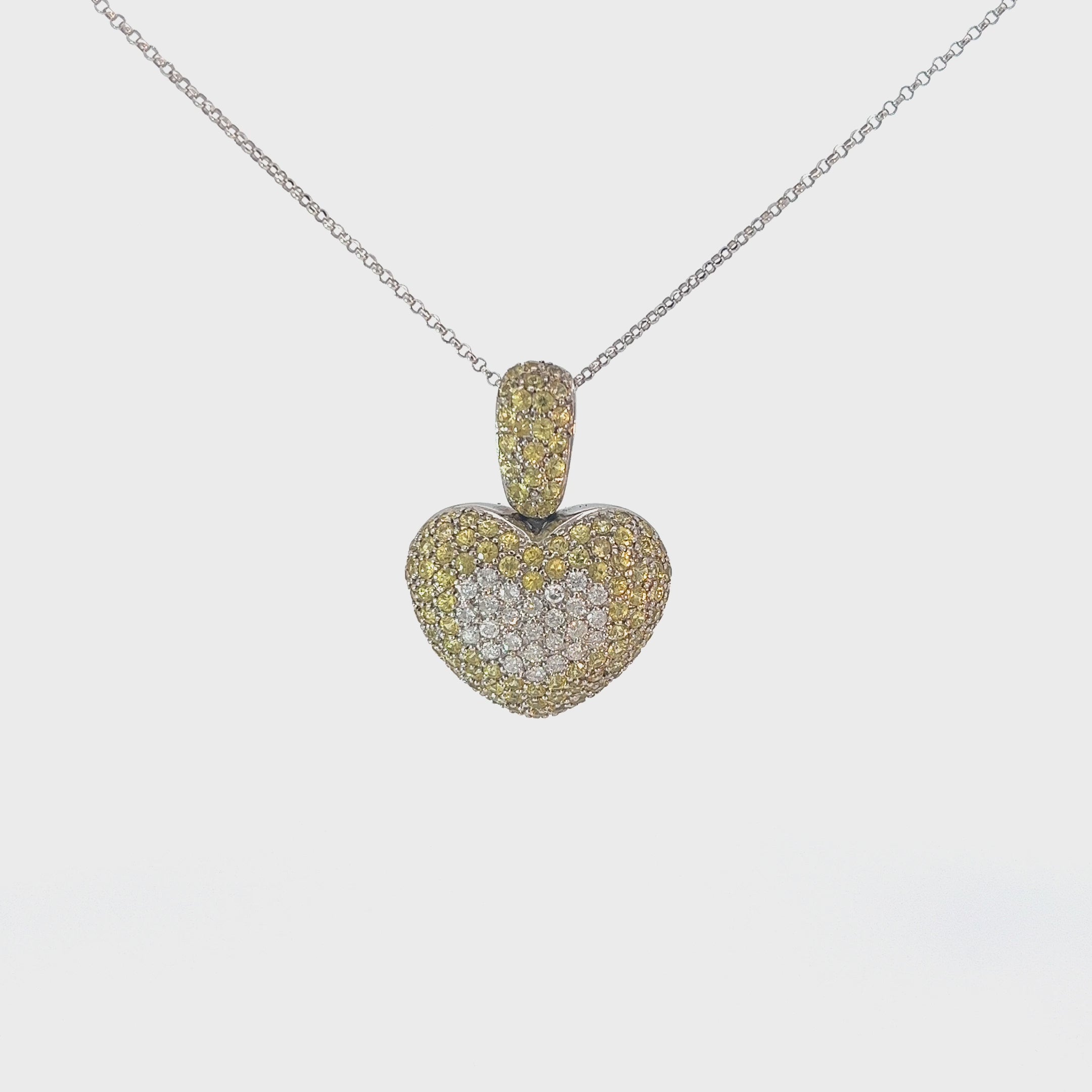 14k White Gold 2.00ct Yellow Sapphire and .50ct G SI1 Round Diamond Heart Necklace