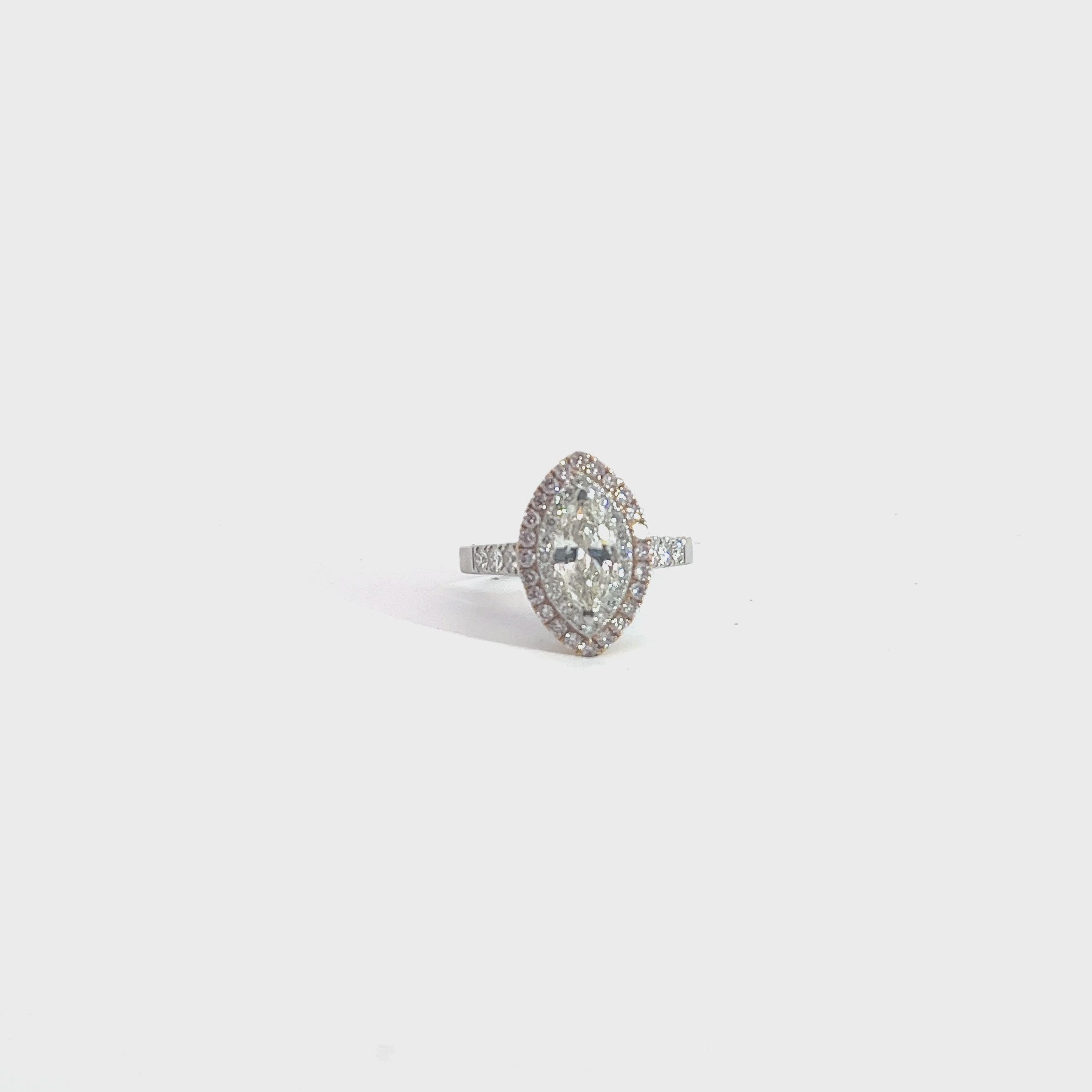 18k Two Toned .99ct K Faint Brown SI 2 Marquise Shaped Diamond / .40ct Natural Light Pink Round  Diamond around the Halo and .60ct G VS2 Round along the Band Engagement Ring Certified By GIA # 5202068747 Size 6 1/2