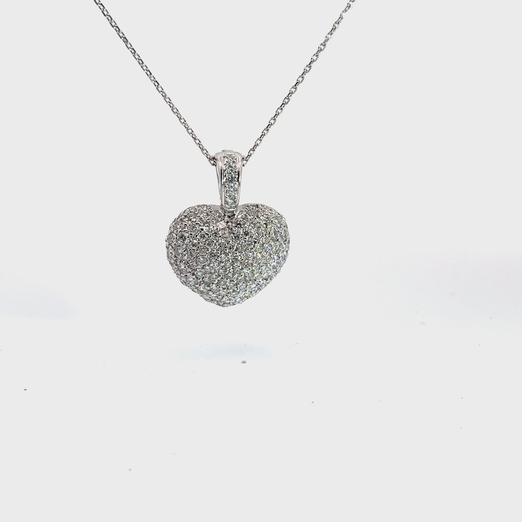 18k White Gold 2.00ct F VS2 Round Diamond Pave Puffed Heart Necklace
