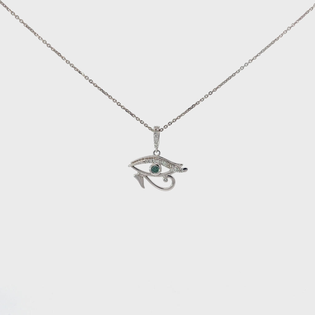 14k White Gold .20ct G SI1 Round Diamond and .20ct Round Blue Diamond Evil Eye Necklace