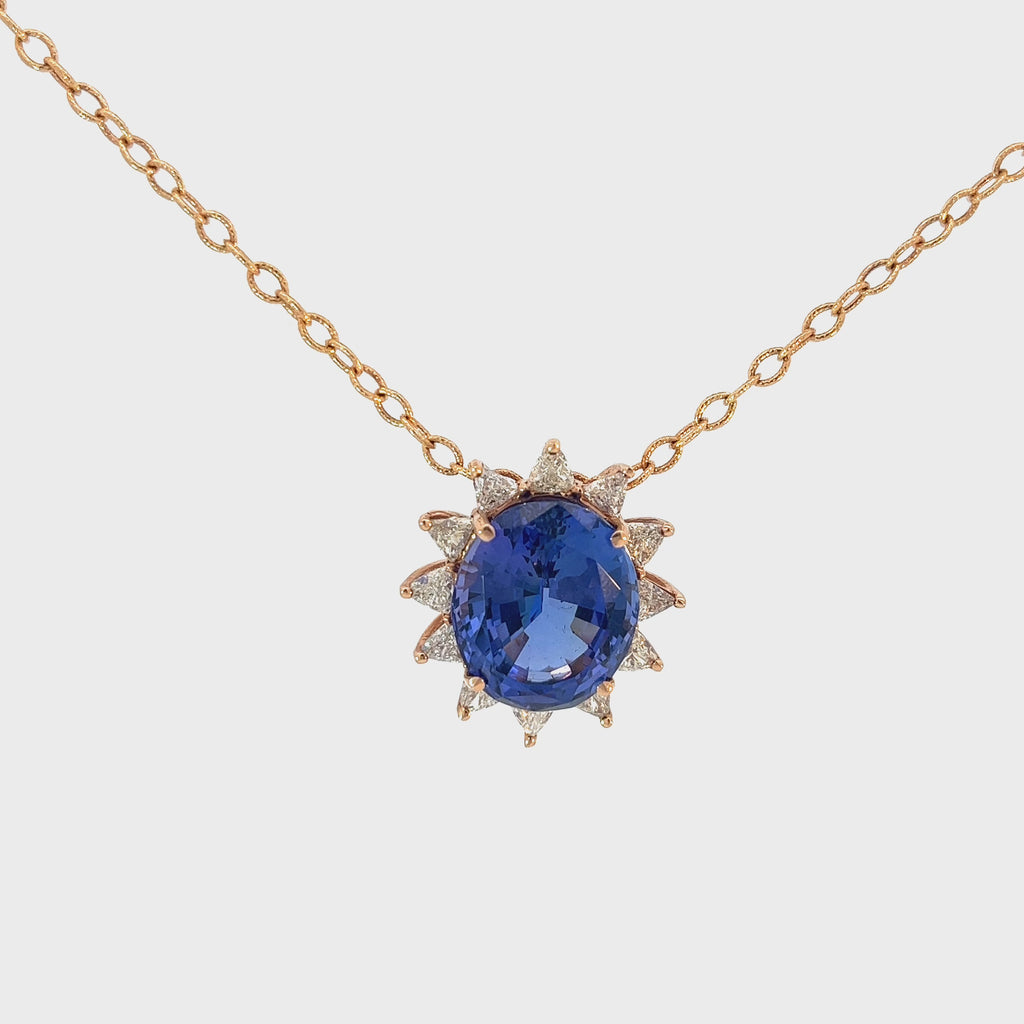 14K Rose Gold 18.36ct Oval Tanzanite and 1.85ct G SI1  Trillion Diamond Necklace