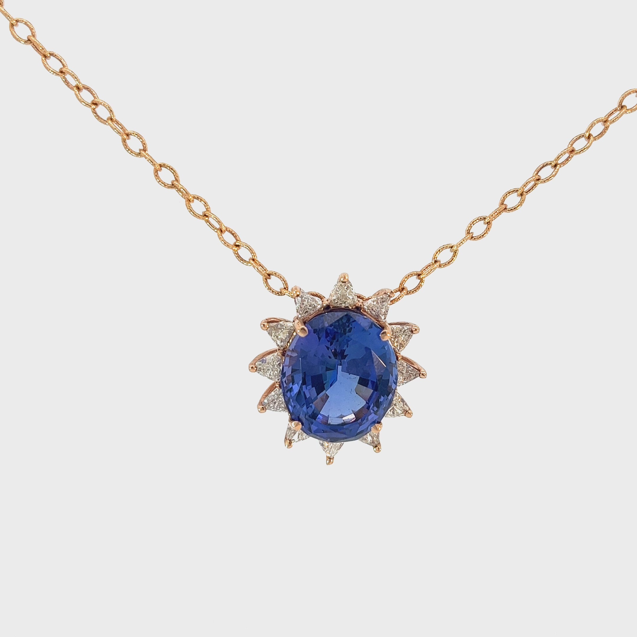14K Rose Gold 18.36ct Oval Tanzanite and 1.85ct G SI1  Trillion Diamond Necklace